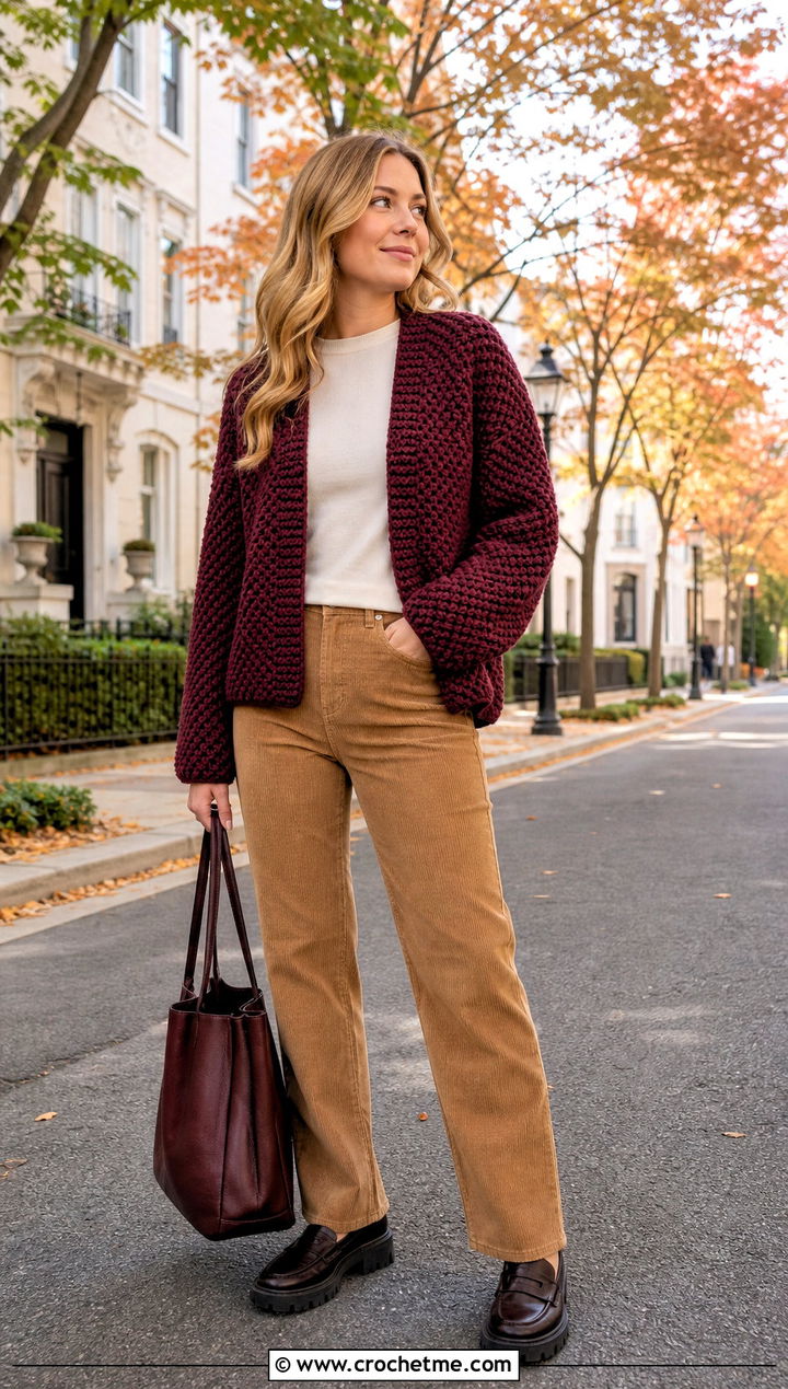 Chunky Moss Stitch Cardigan With Corduroy Pants - 30 crochet moss stitch cardigan outfit ideas
