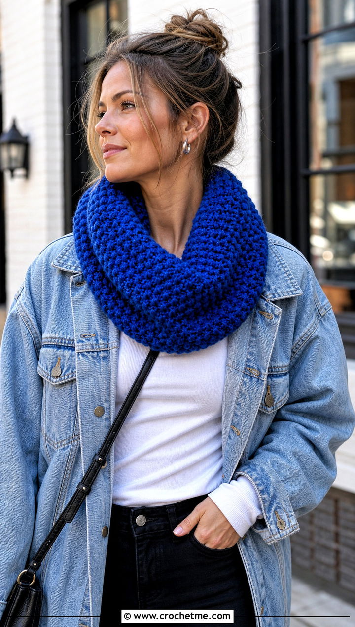 Chunky Moss Stitch Crochet Cowl With Denim Jacket - 15 Moss Stitch Crochet Cowl outfit ideas