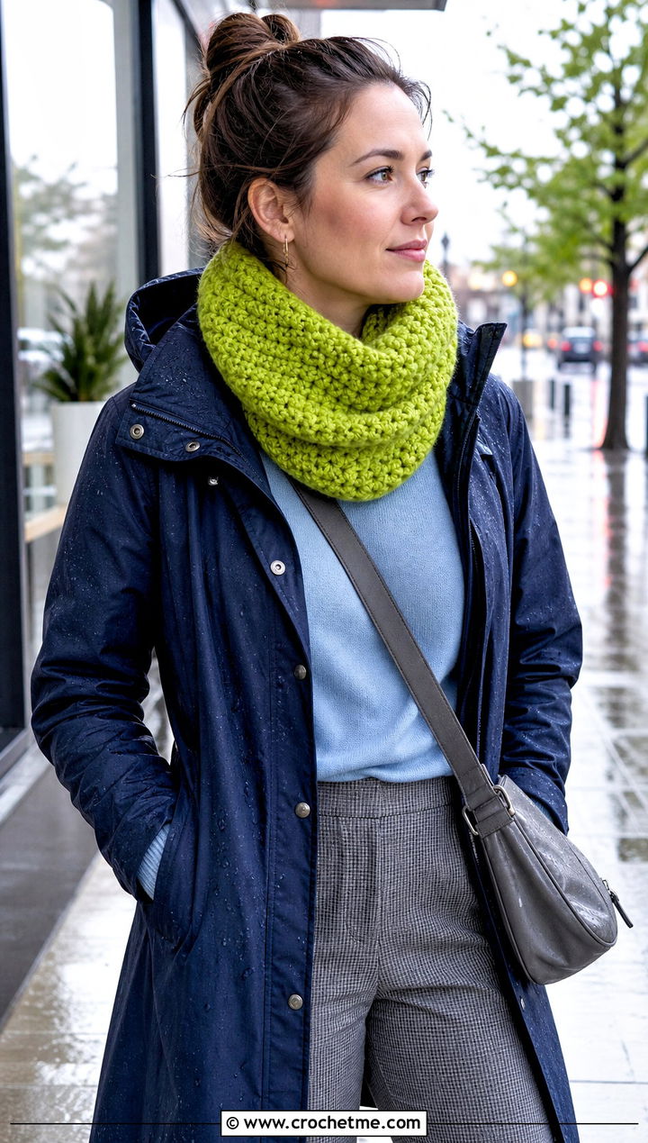 Chunky Moss Stitch Crochet Cowl With Raincoat - 30 chunky crochet cowl outfit ideas