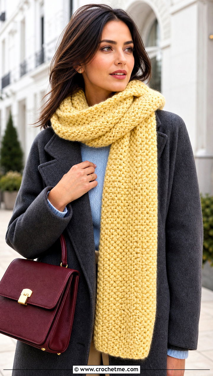 Chunky Moss Stitch Crochet Scarf With Wool Coat - 25 Moss Stitch Crochet Scarf outfit ideas