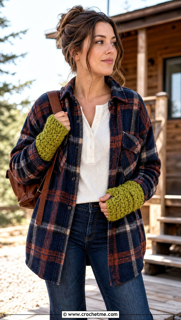 Chunky Moss Stitch Fingerless Gloves With Plaid Shacket - 15 Crochet Moss Stitch Fingerless Gloves outfit ideas