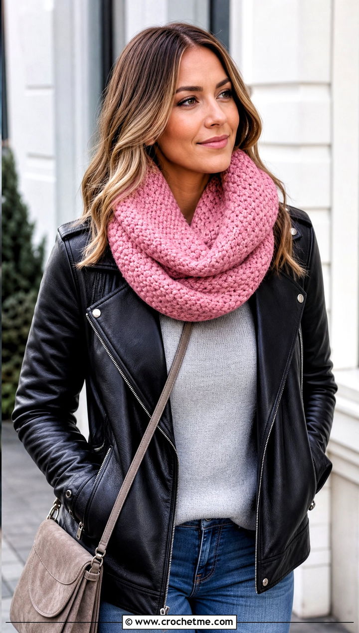 Chunky Moss Stitch Infinity Scarf With Leather Jacket - 20 Chunky Crochet Infinity Scarf outfit ideas