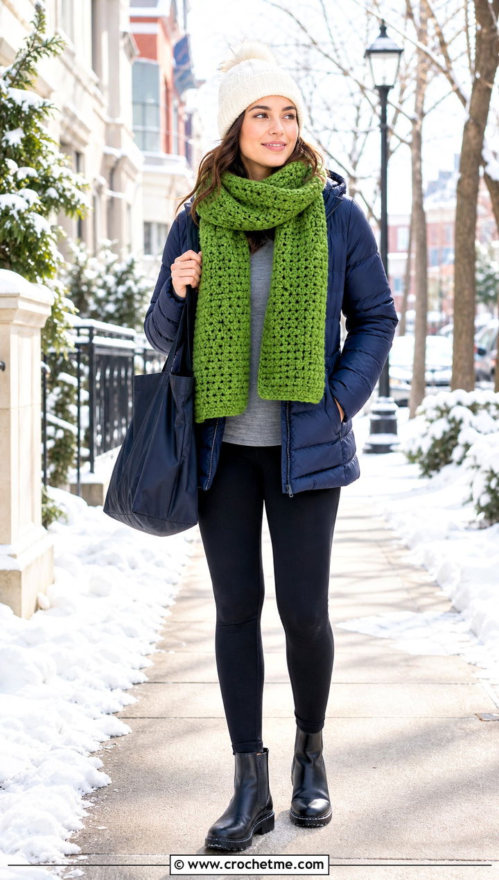 Chunky Moss Stitch Scarf With Puffer Jacket And Leggings - 35 crochet moss stitch scarf outfit ideas