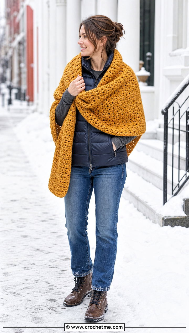 Chunky Moss Stitch Shawl With A Puffer Vest - 25 Crochet Moss Stitch Shawl outfit ideas