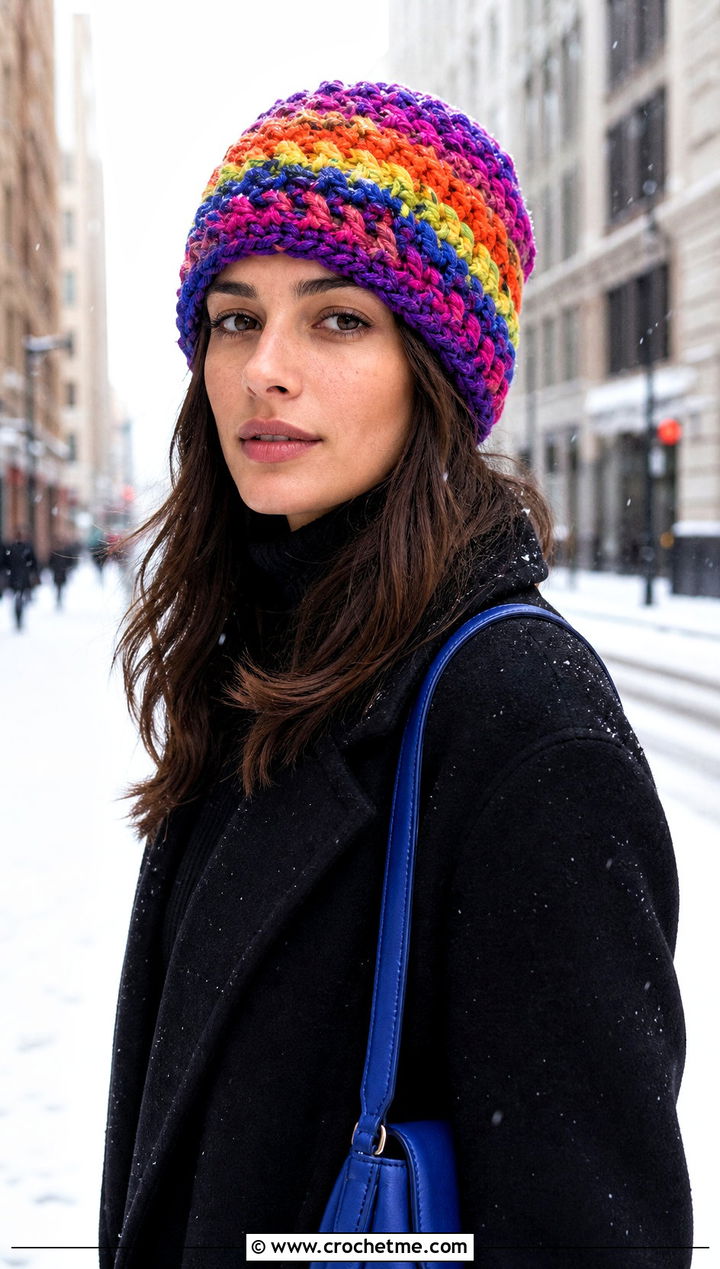 Chunky Multicolor Crochet Beanie With Black Coat - 25 Easy Chunky Crochet Hat outfit ideas