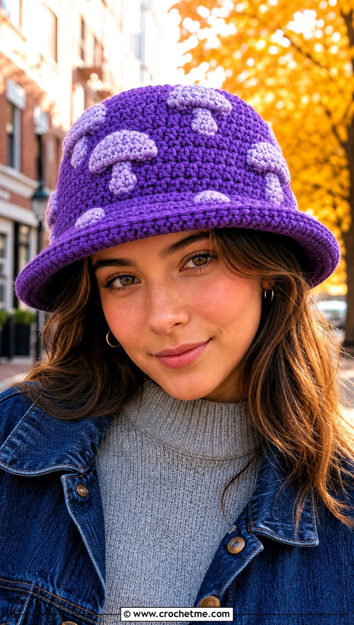 Chunky Mushroom Crochet Bucket Hat With Sweater And Maxi Skirt - 15 Mushroom Crochet Bucket Hat outfit ideas