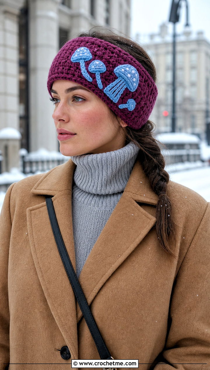 Chunky Mushroom Ear Warmer With Wool Coat - 25 mushroom crochet headband outfit ideas