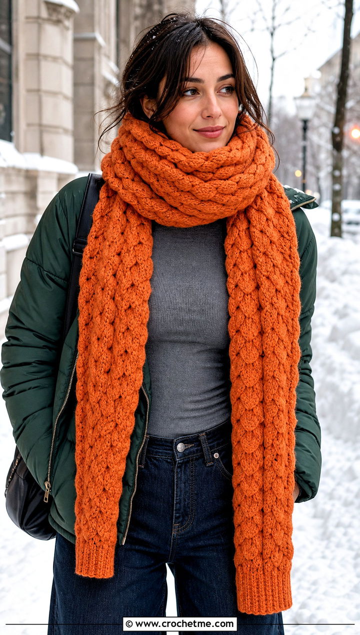 Chunky Natsu Scarf With Puffer Jacket and Wide Leg Jeans - 15 Crochet Natsu Scarf outfit ideas