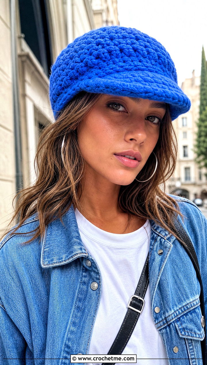Chunky Newsboy Brimmed Crochet Beanie With Denim Jacket - 15 Brimmed Crochet Beanie outfit ideas