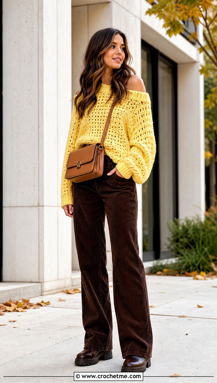 Chunky Off Shoulder Crochet Sweater With Corduroy Pants - 35 off shoulder crochet sweater outfit ideas