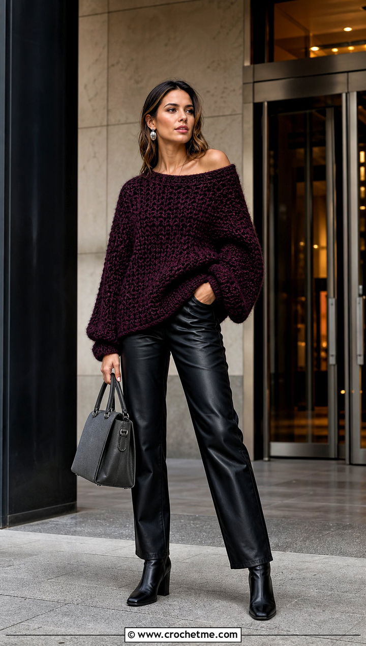 Chunky Off The Shoulder Crochet Sweater With Leather Pants - 30 off the shoulder crochet sweater outfit ideas