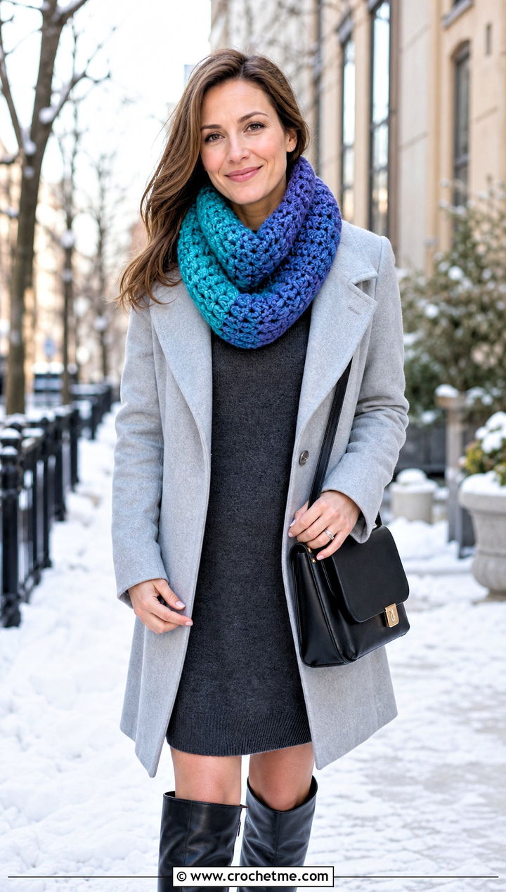 Chunky Ombre Crochet Cowl With Sweater Dress - 30 chunky crochet cowl outfit ideas