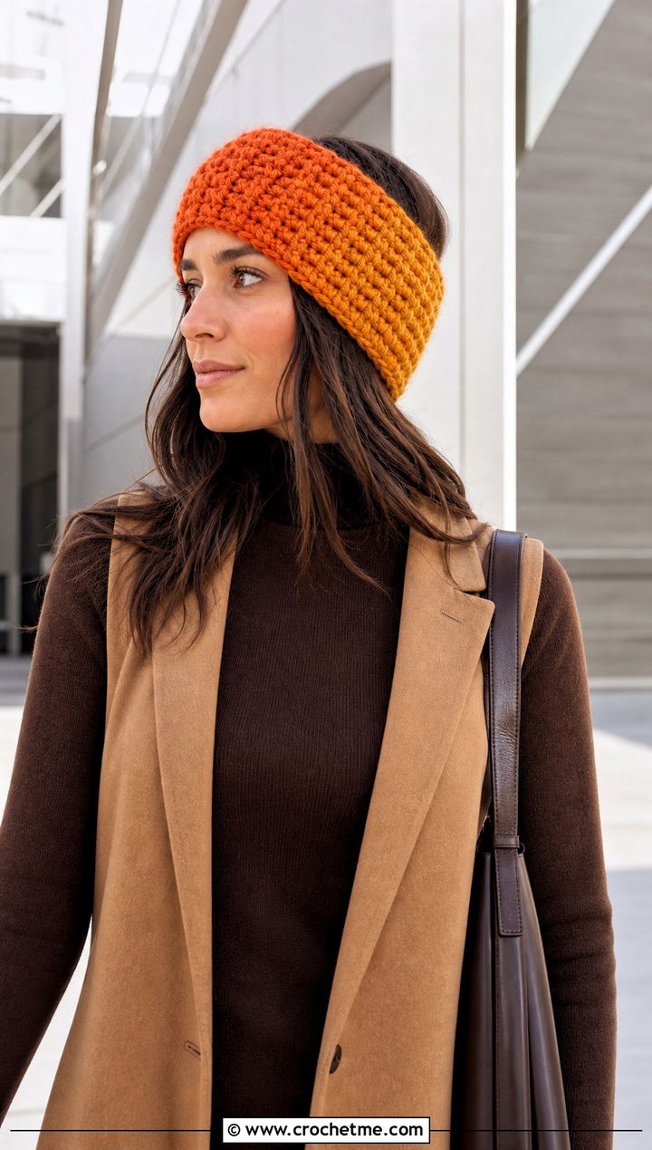 Chunky Ombre Crochet Ear Warmer With Longline Vest - 30 chunky yarn crochet ear warmer outfit ideas