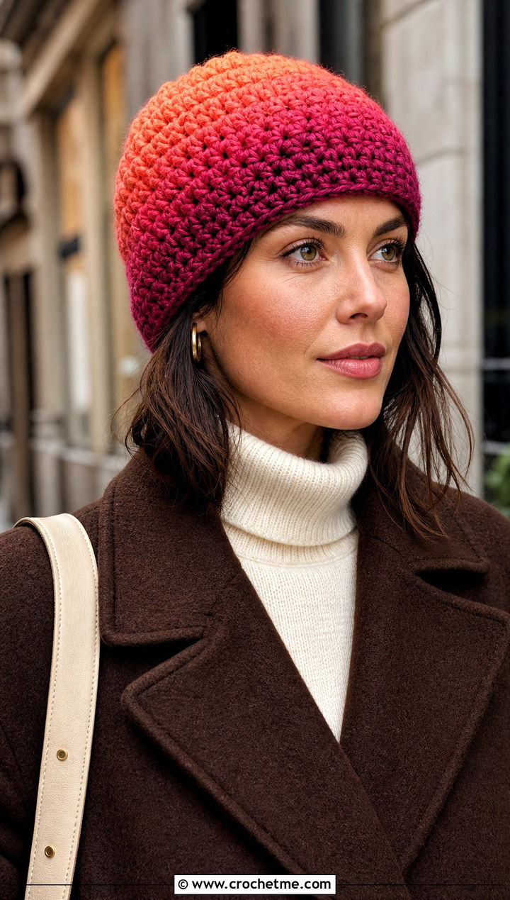 Chunky Ombre Crochet Hat With Long Wool Coat - 25 Chunky Yarn Crochet Hats outfit ideas