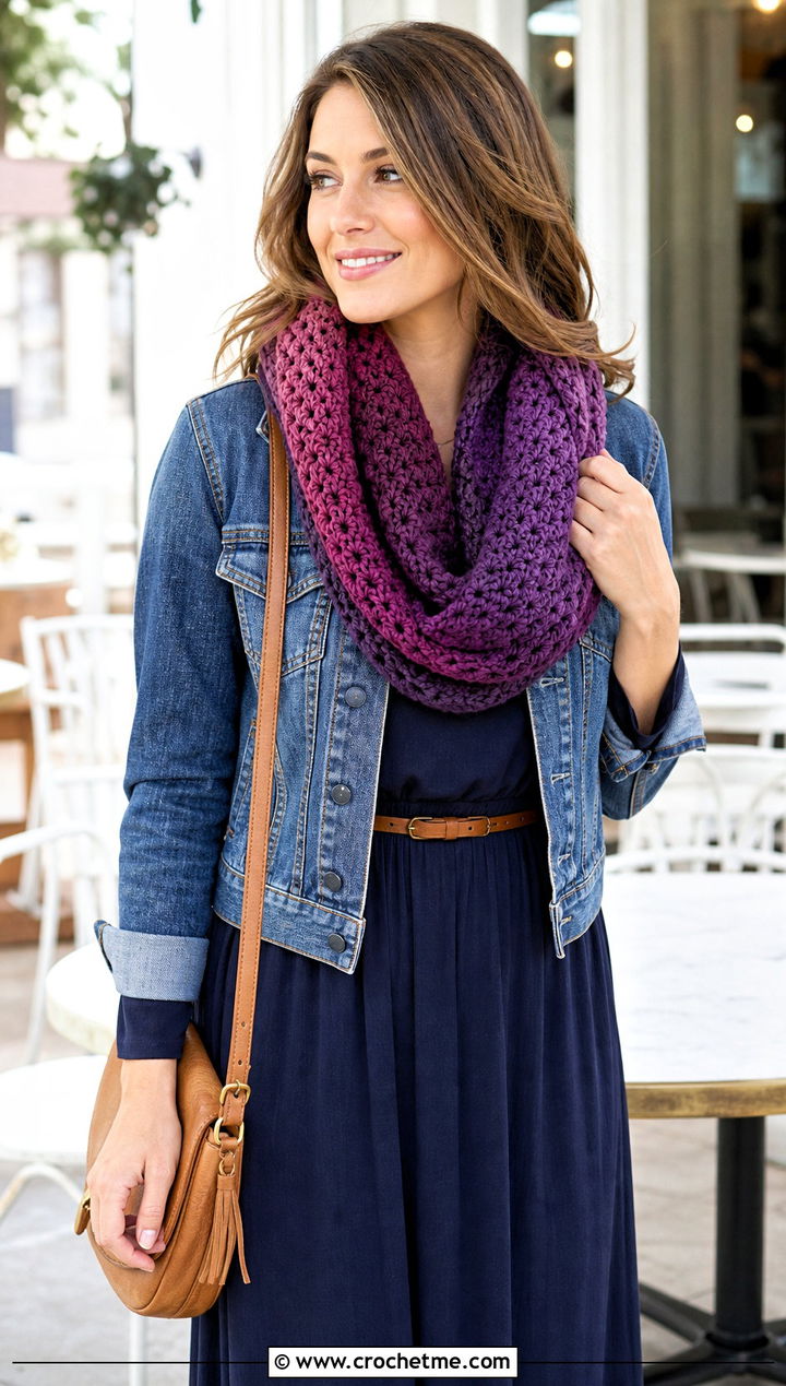 Chunky Ombre Infinity Scarf With Maxi Dress And Boots - 20 Chunky Crochet Infinity Scarf outfit ideas