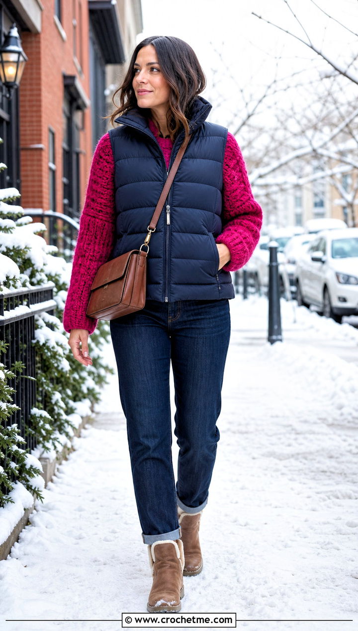 Chunky One Panel Crochet Sweater With Puffer Vest And Jeans - 30 One Panel Crochet Sweater outfit ideas
