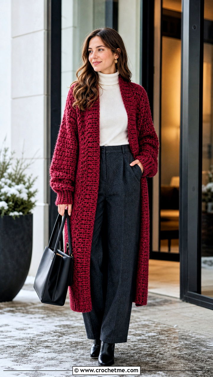 Chunky One Piece Crochet Cardigan With Wool Trousers - 35 one piece crochet cardigan outfit ideas