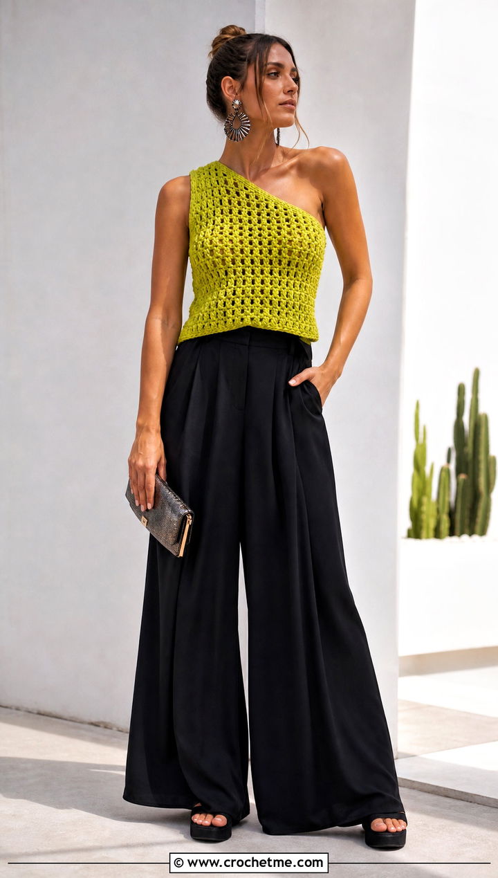Chunky One Shoulder Crochet Top With Palazzo Pants - 15 Chunky Crochet Top outfit ideas