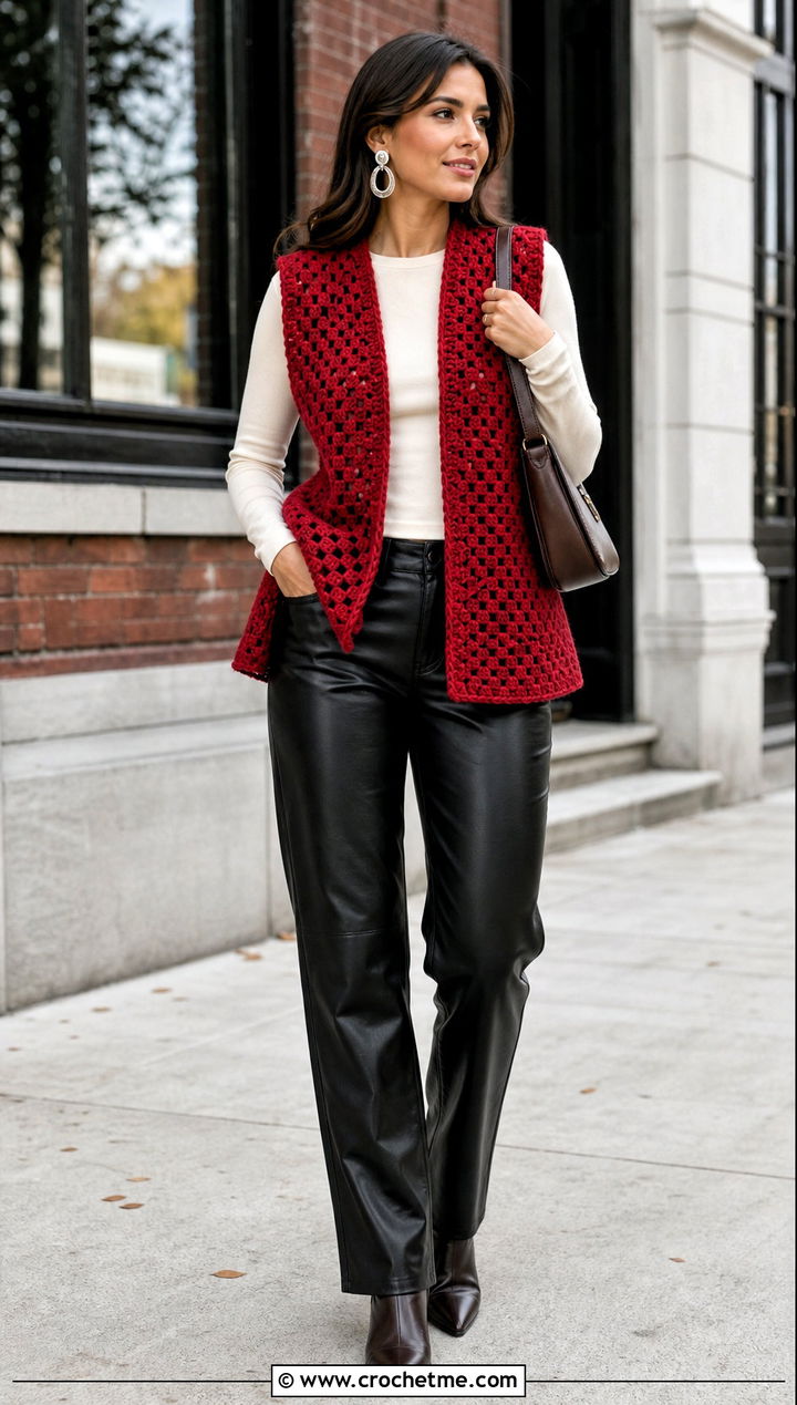Chunky Open Front Crochet Vest With Leather Pants - 25 crochet open front vest outfit ideas