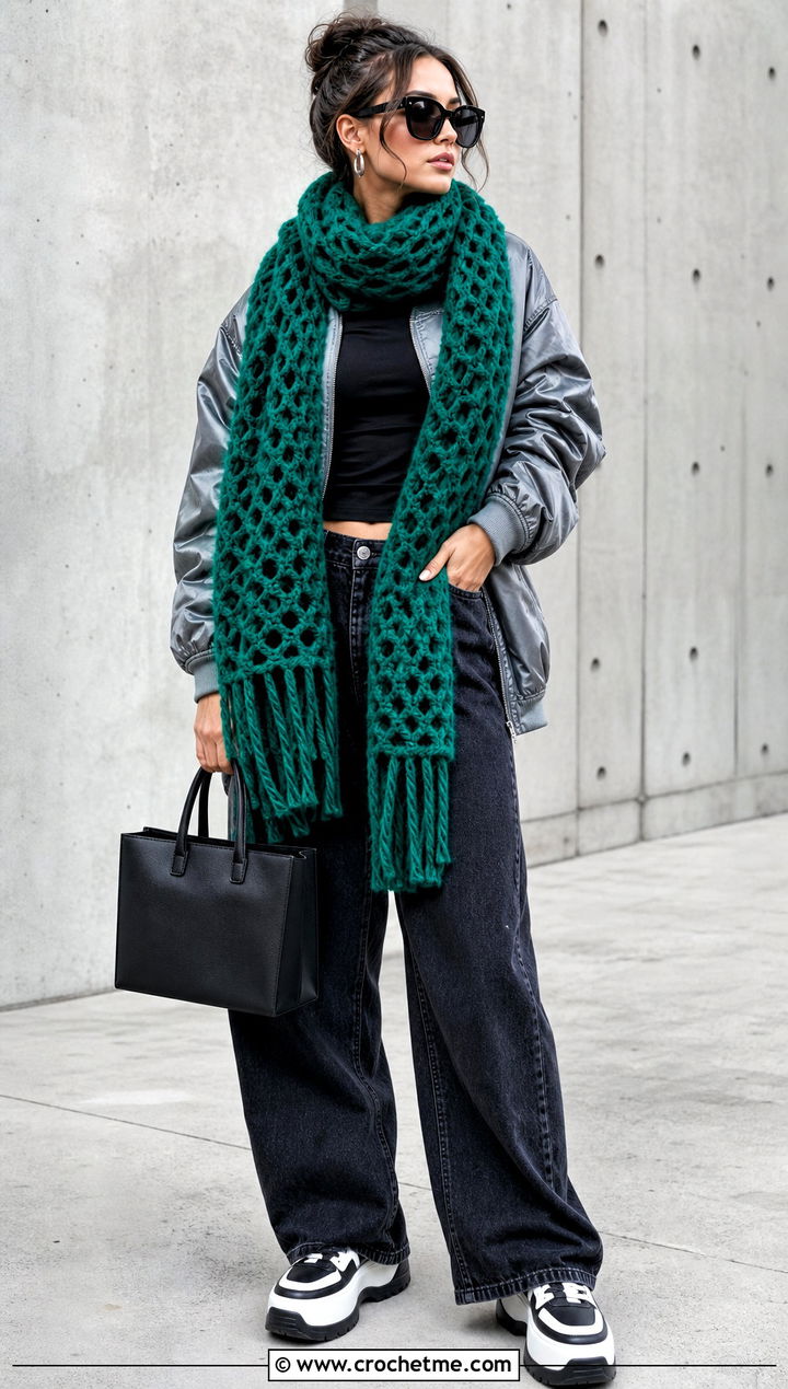 Chunky Open Mesh Crochet Scarf With Bomber Jacket - 25 Mesh Crochet Scarf outfit ideas