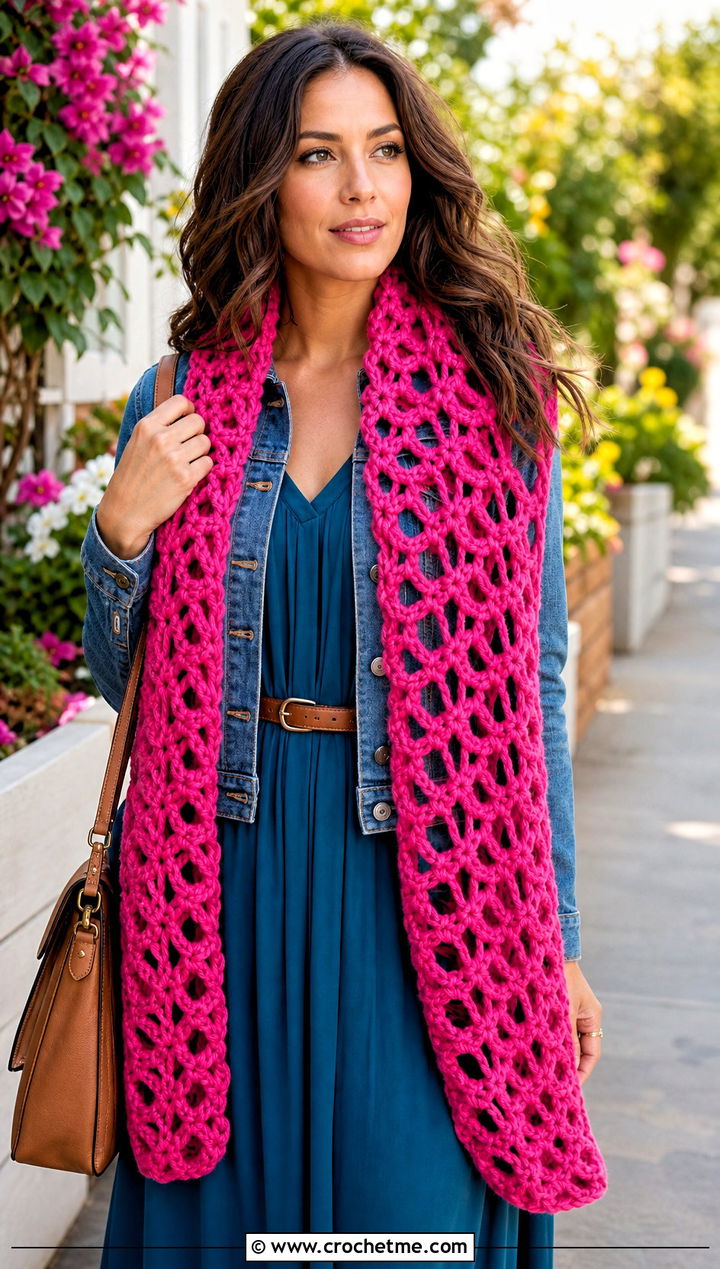 Chunky Open Stitch Crochet Scarf With Maxi Dress And Boots - 25 Chunky Yarn Crochet Scarf outfit ideas