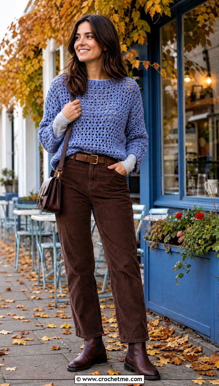 Chunky Open Stitch Crochet Sweater With Corduroy Pants - 30 mesh crochet sweater outfit ideas
