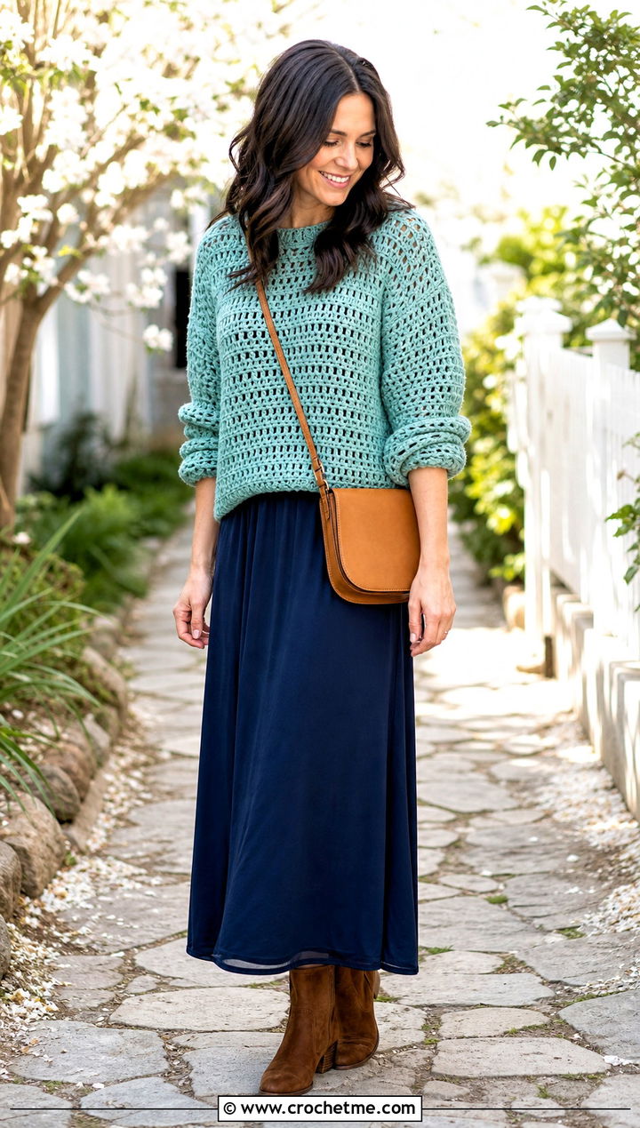 Chunky Open Weave Crochet Sweater Over A Maxi Dress - 30 loose crochet sweater outfit ideas