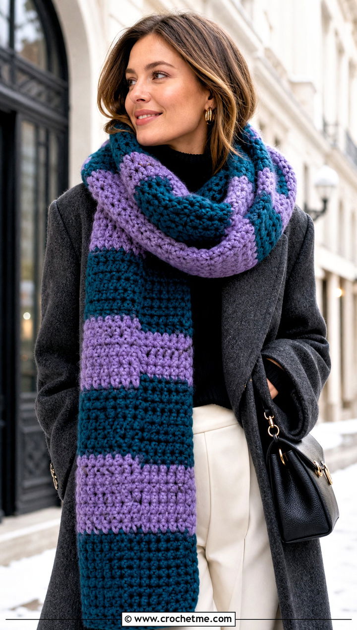 Chunky Oversized Checkered Crochet Scarf With Wool Coat and Trousers - 20 Checkered Crochet Scarf outfit ideas
