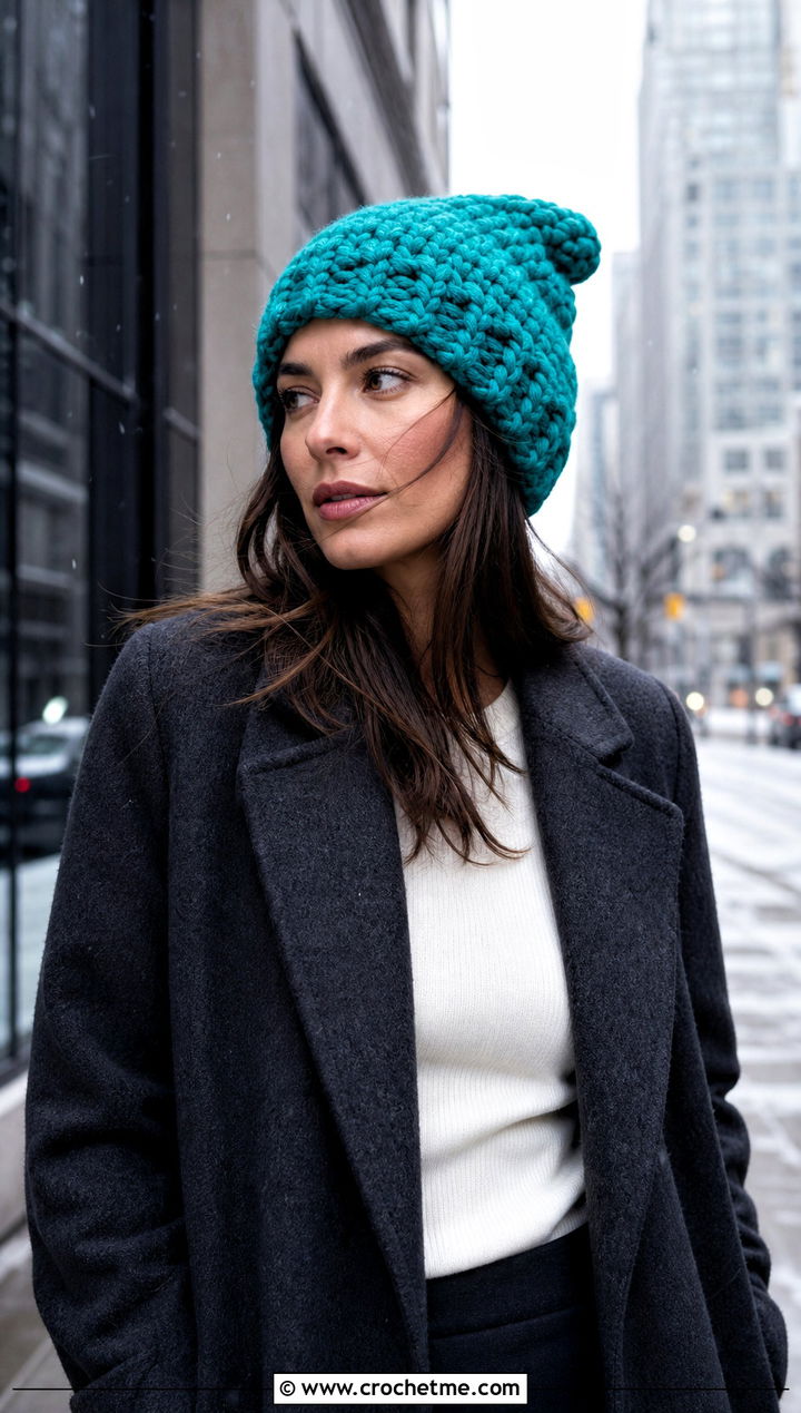 Chunky Oversized Crochet Beanie With Maxi Coat - 30 crochet beanies for women outfit ideas