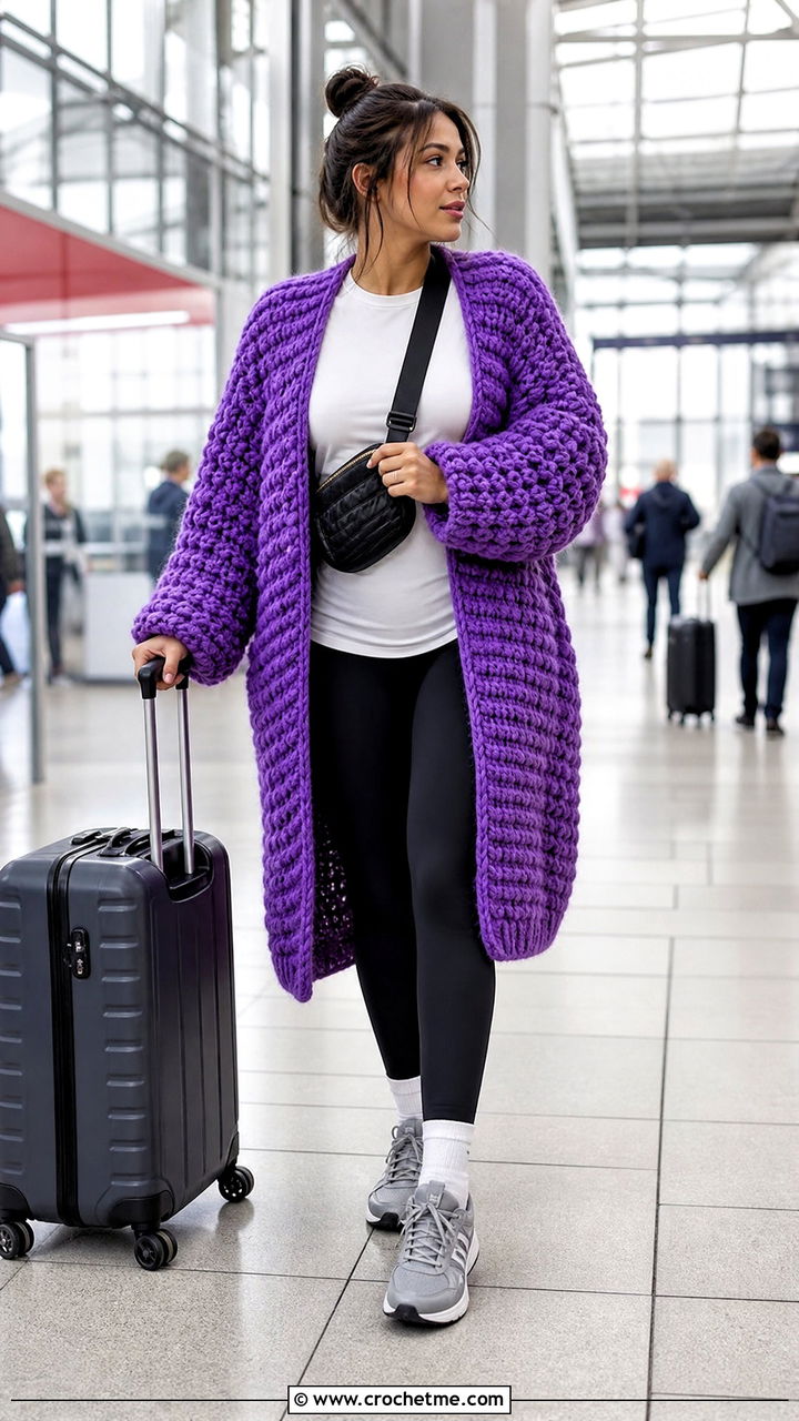 Chunky Oversized Crochet Cardigan With Black Leggings - 35 easy crochet cardigan women outfit ideas