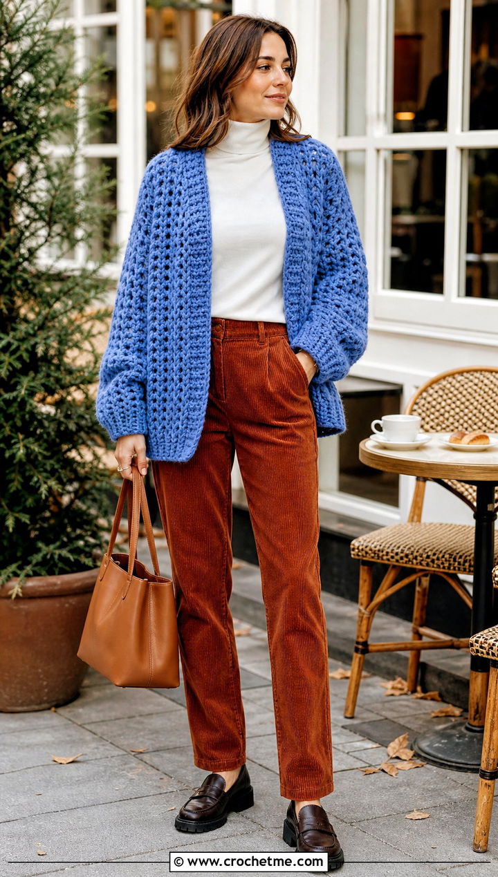 Chunky Oversized Crochet Cardigan With Corduroy Pants - 15 Autumn Crochet Cardigan Style outfit ideas