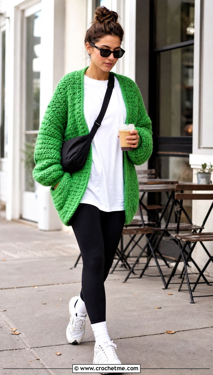 Chunky Oversized Crochet Cardigan With Leggings - 25 womens crochet cardigan outfit ideas