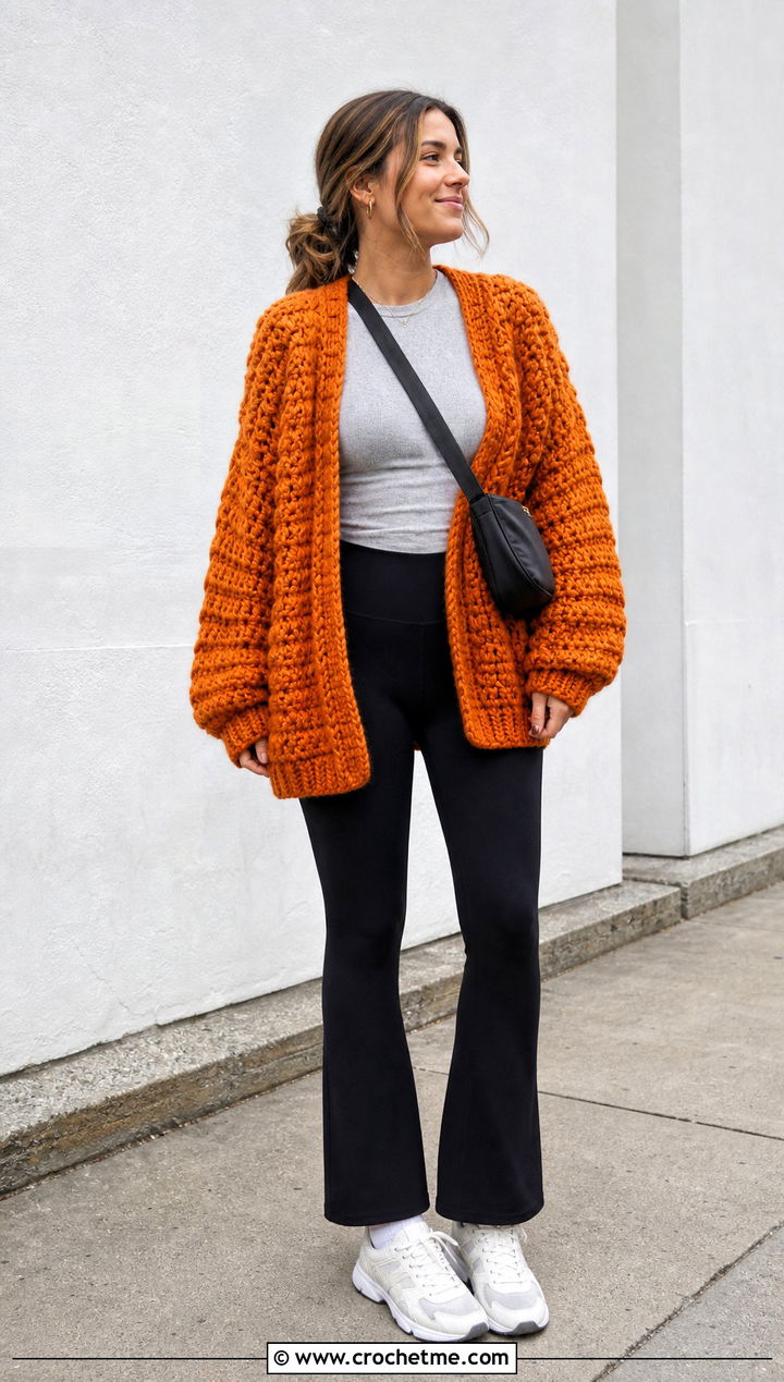Chunky Oversized Crochet Cardigan With Leggings - 15 Easy Crochet Cardigan For Women outfit ideas