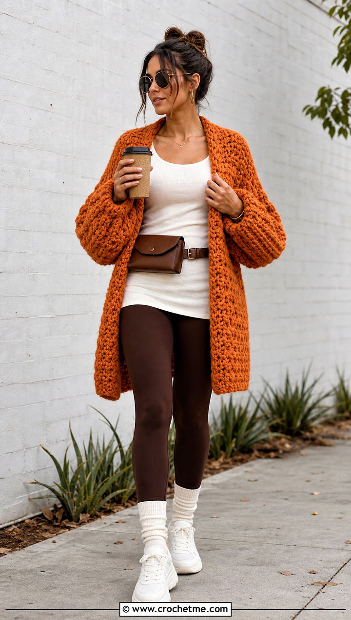 Chunky Oversized Crochet Cardigan With Leggings - 15 Women Crochet Cardigan outfit ideas