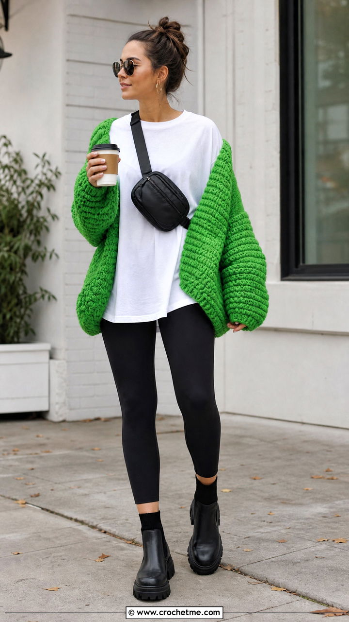 Chunky Oversized Crochet Cardigan With Leggings - 35 easy crochet cardigan outfit ideas
