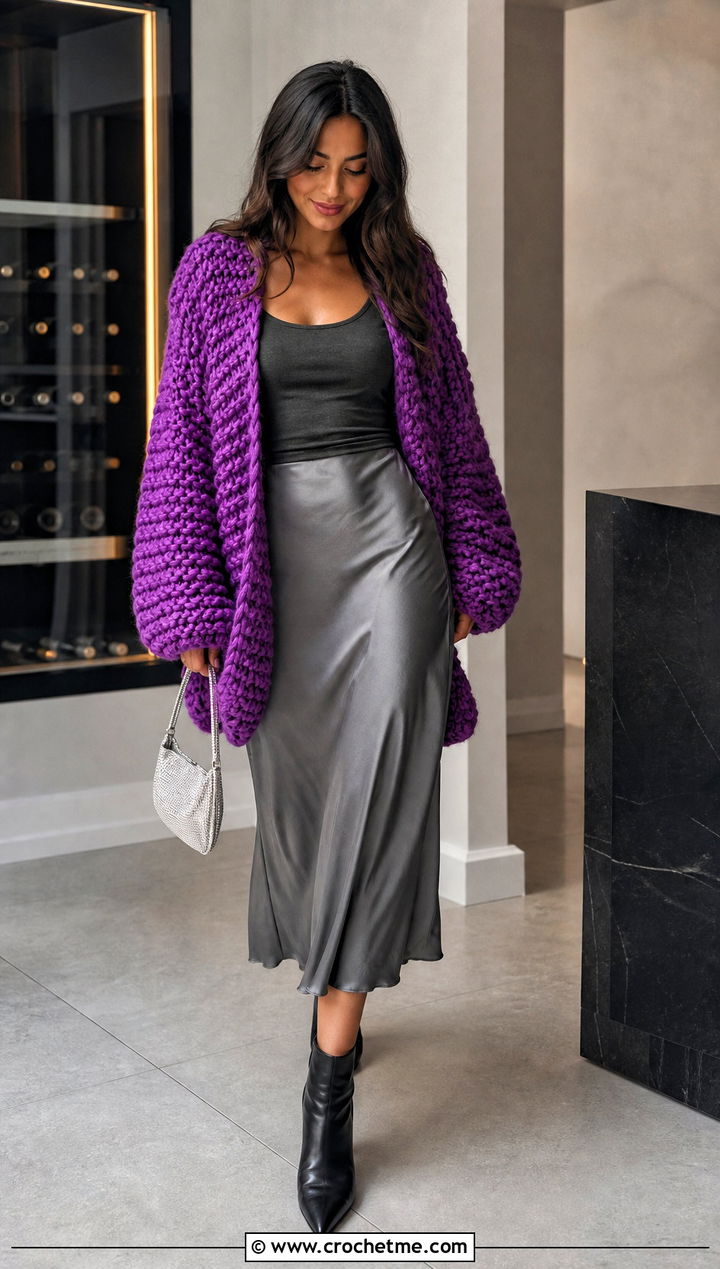 Chunky Oversized Crochet Cardigan With Satin Midi Skirt - 25 Autumn Crochet Cardigan outfit ideas