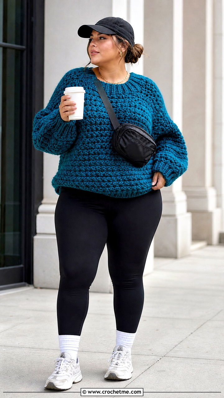 Chunky Oversized Crochet Jumper With Leggings - 35 crochet jumper outfit ideas