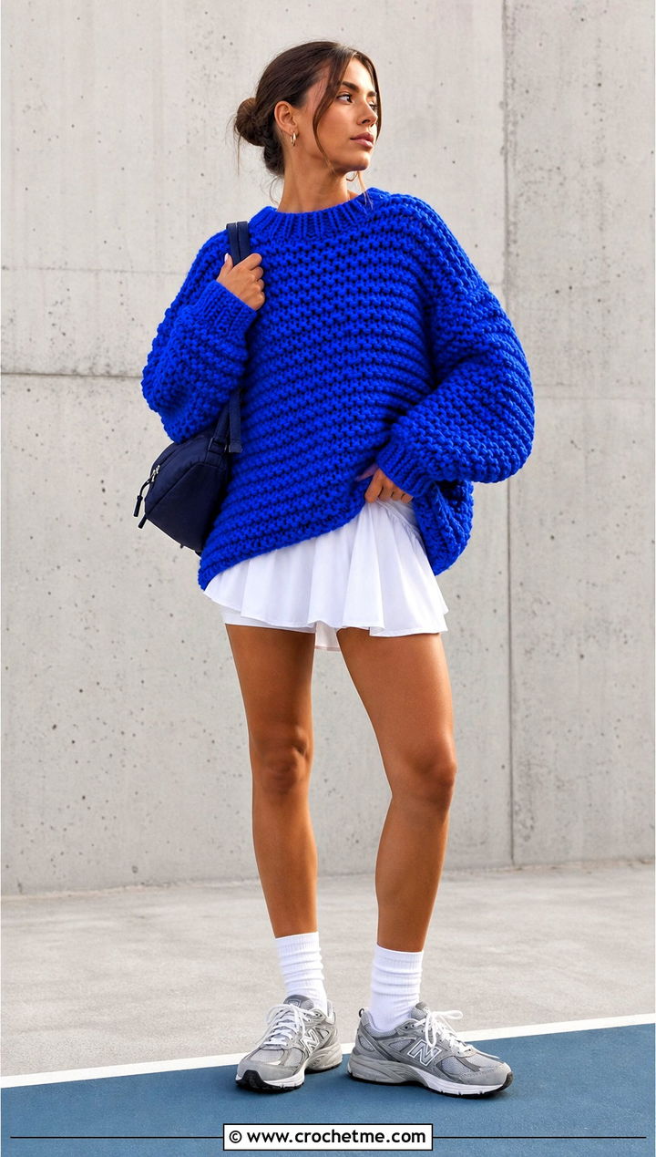 Chunky Oversized Crochet Jumper With Tennis Skirt - 25 oversized crochet jumper outfit ideas