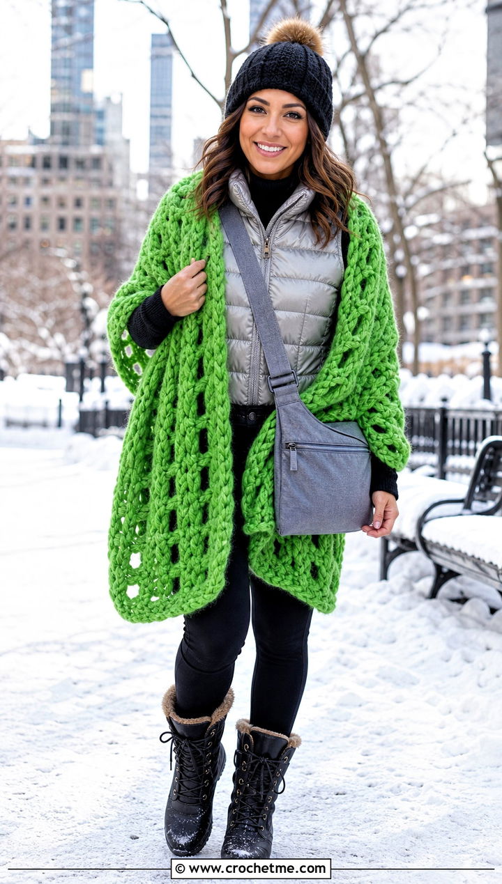 Chunky Oversized Crochet Wrap With Puffer Vest - 25 beautiful crochet shawls and wraps outfit ideas