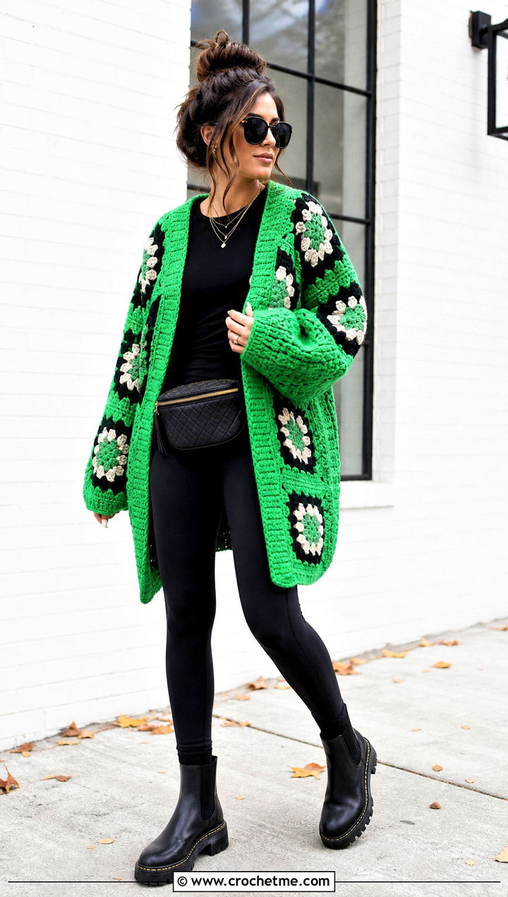 Chunky Oversized Granny Square Cardigan With Leggings - 25 Oversized Granny Square Cardigan outfit ideas
