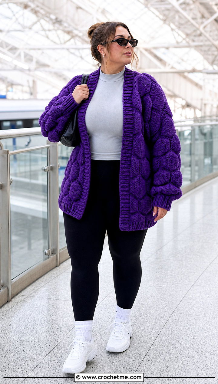 Chunky Oversized Hexagon Cardigan With Black Leggings - 30 chunky crochet hexagon cardigan outfit ideas