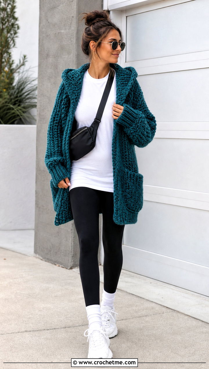 Chunky Oversized Hooded Crochet Cardigan With Leggings - 35 hooded crochet cardigan outfit ideas
