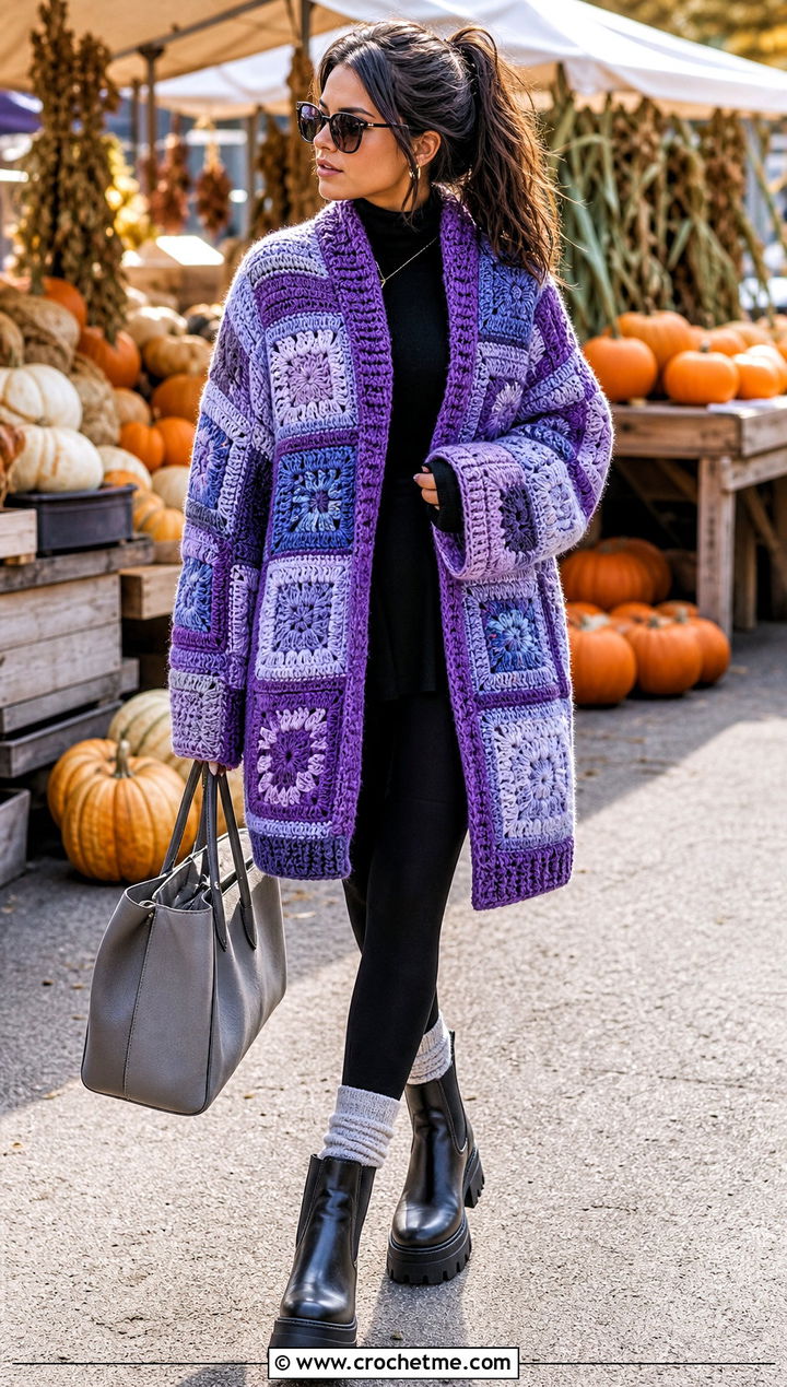 Chunky Oversized Patchwork Crochet Cardigan With Leggings And Boots - 15 oversized patchwork crochet cardigan outfit ideas