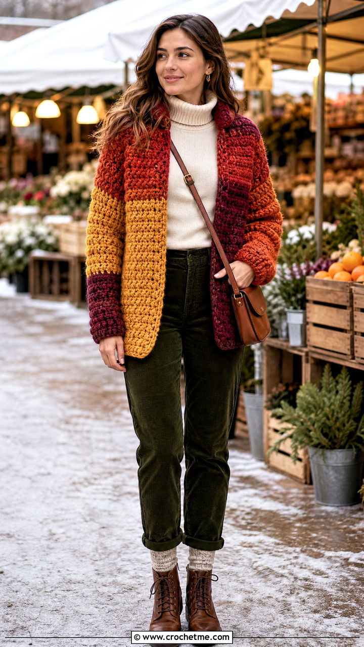 Chunky Patchwork Cardigan With Corduroy Pants - 35 crochet patchwork cardigan outfit ideas