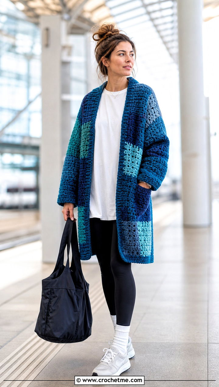 Chunky Patchwork Cardigan With Leggings And Sneakers - 25 crochet block cardigan outfit ideas