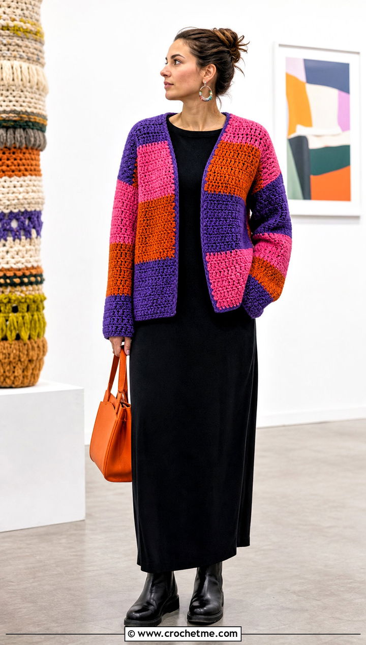 Chunky Patchwork Color Block Crochet Sweater With Maxi Dress - 25 Color Block Crochet Sweater outfit ideas