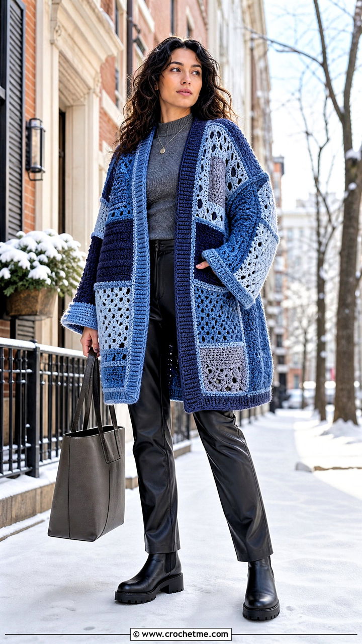 Chunky Patchwork Crochet Folklore Cardigan With Leather Pants - 35 crochet folklore cardigan outfit ideas