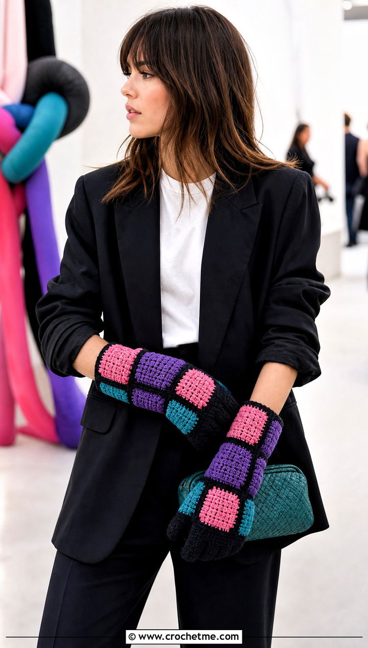 Chunky Patchwork Crochet Gloves With Trouser Suit - 25 Chunky Crochet Gloves outfit ideas