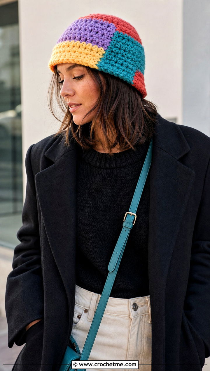 Chunky Patchwork Crochet Hat With Minimalist Outfit - 25 Chunky Yarn Crochet Hats outfit ideas