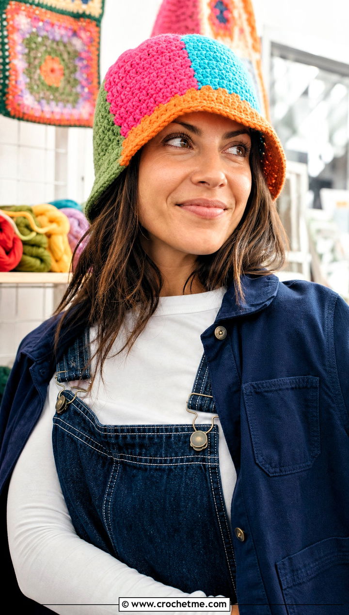 Chunky Patchwork Crochet Hat With Overalls - 30 chunky yarn crochet hat outfit ideas